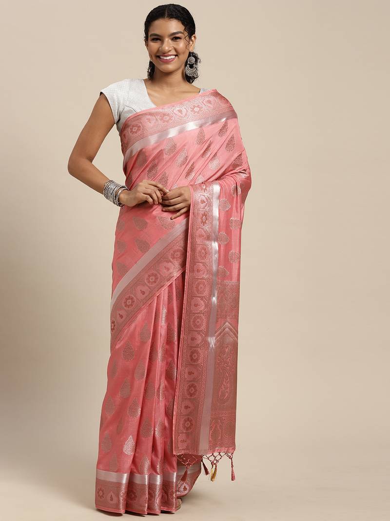 Pink woven art silk saree with blouse