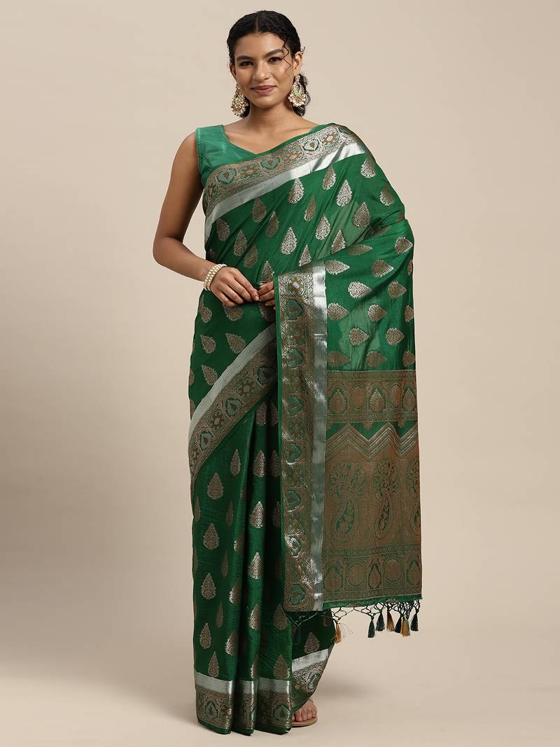 Green woven art silk saree with blouse