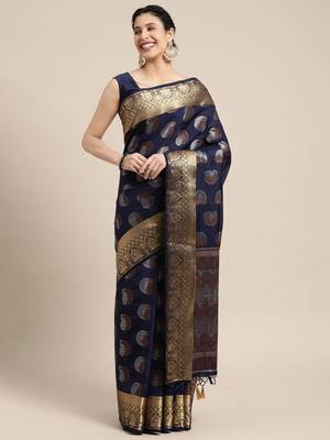 Navy blue woven art silk saree with blouse 1