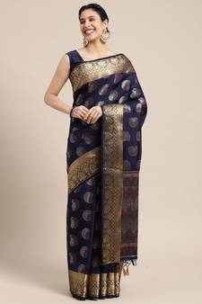 Navy blue woven art silk saree with blouse