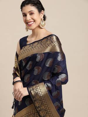 Navy blue woven art silk saree with blouse 2