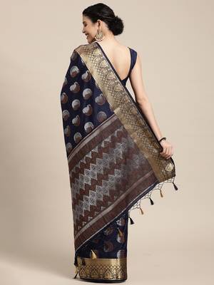 Navy blue woven art silk saree with blouse 3