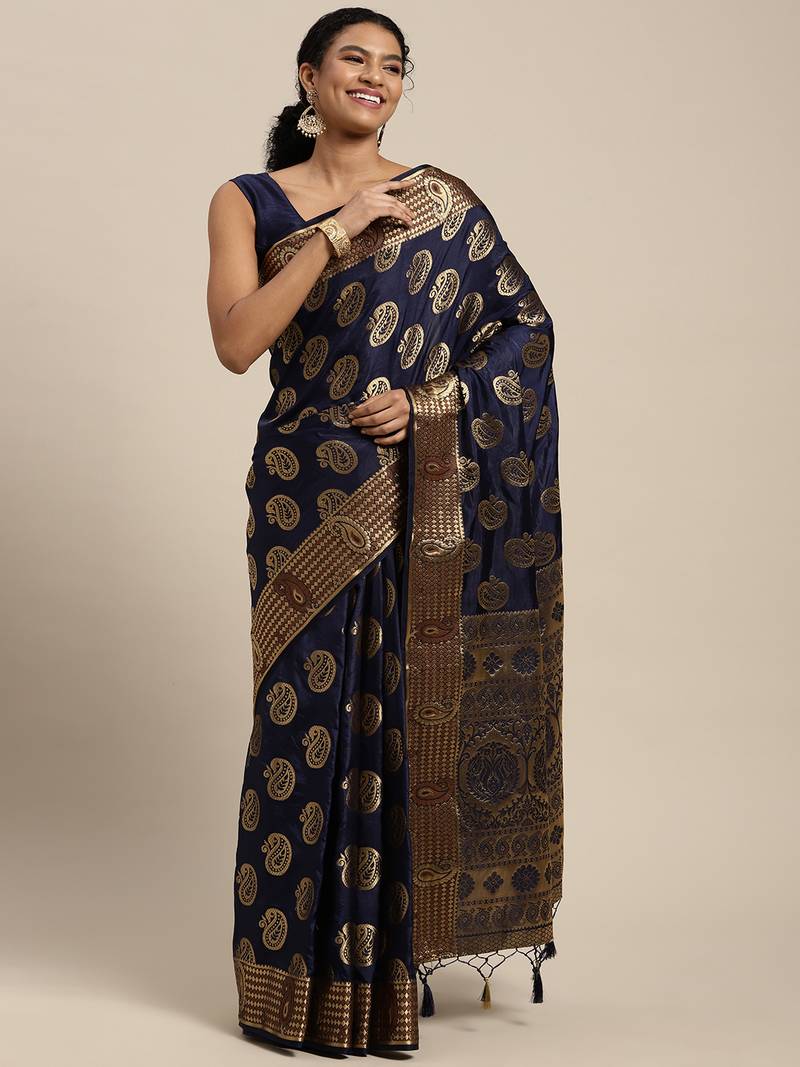 Navy blue woven art silk saree with blouse