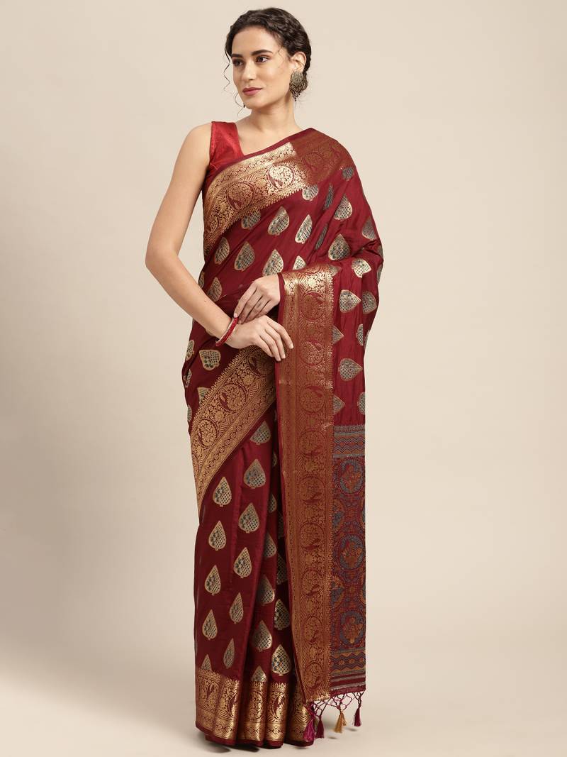 Brown woven art silk saree with blouse