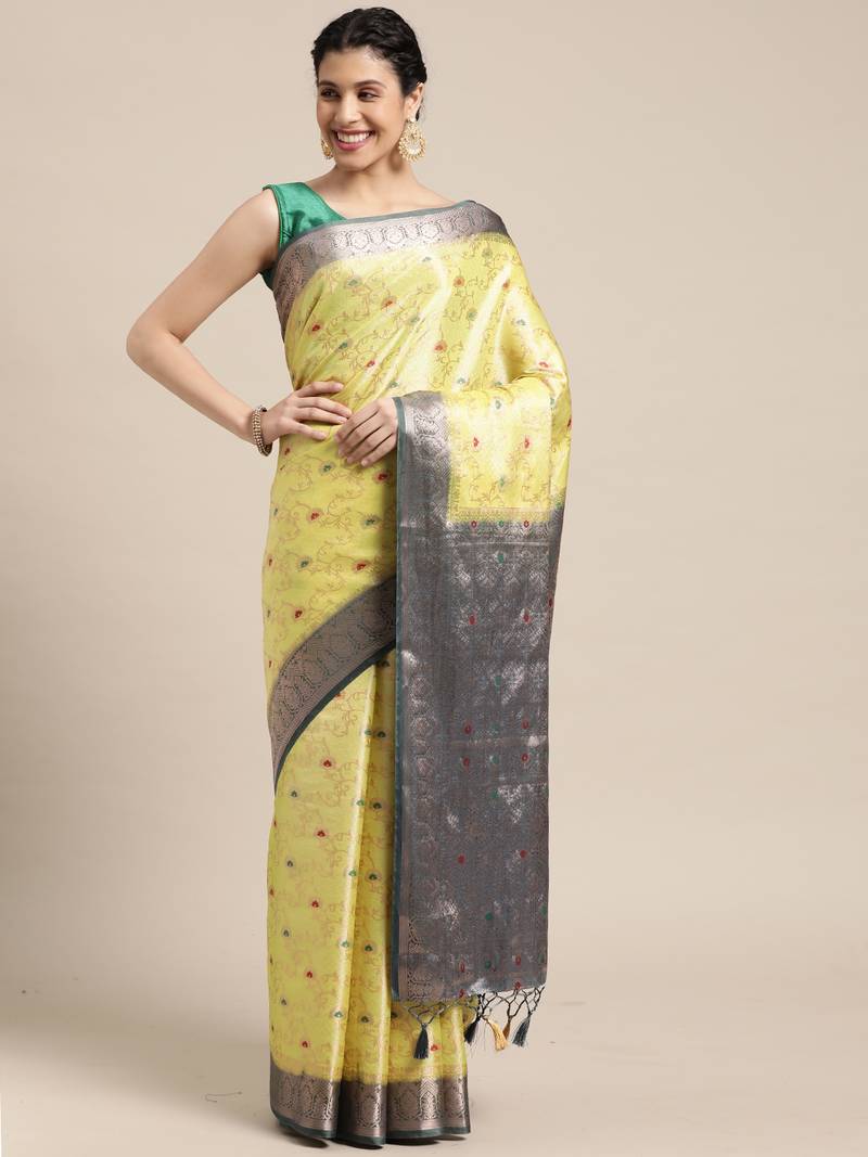 Yellow woven art silk saree with blouse