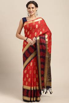 Red woven art silk saree with blouse