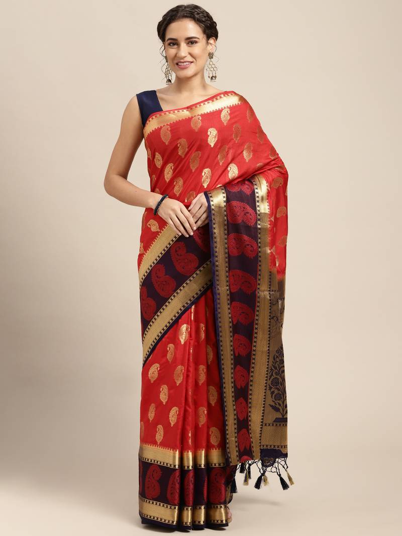 Red woven art silk saree with blouse