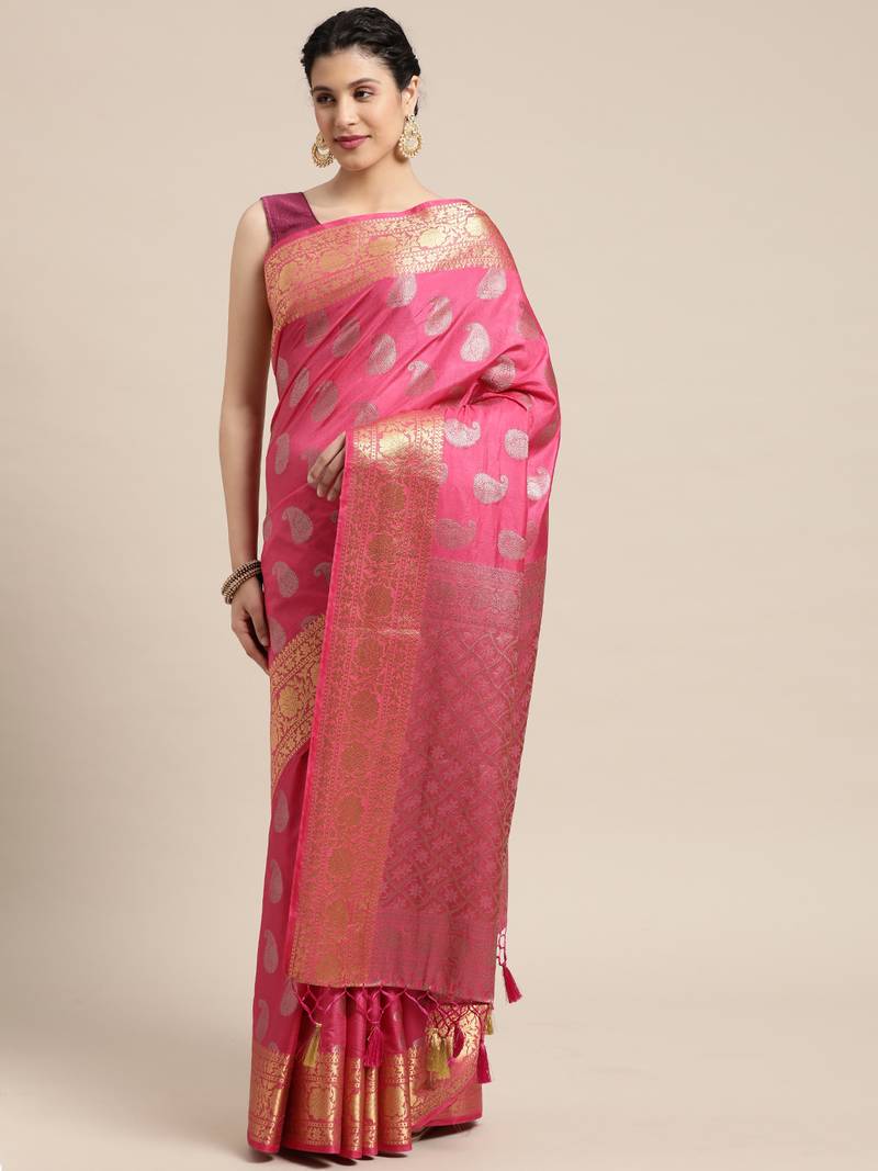 Pink woven art silk saree with blouse