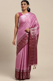 Pink woven art silk saree with blouse