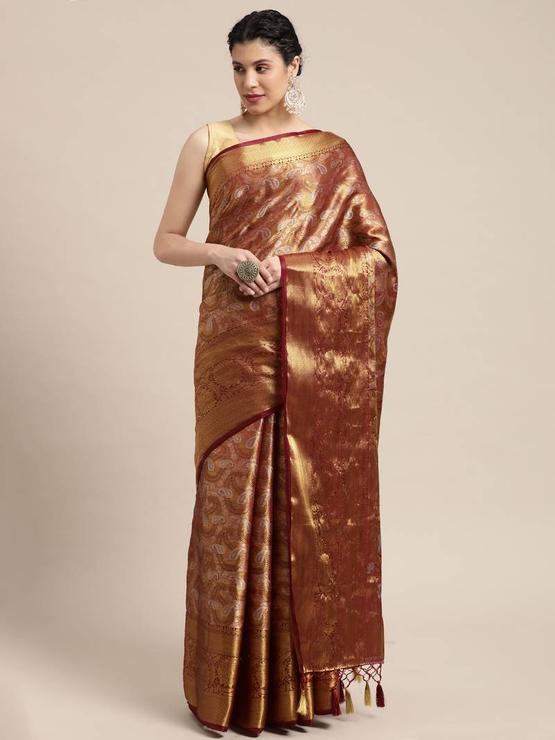 Brown woven art silk saree with blouse