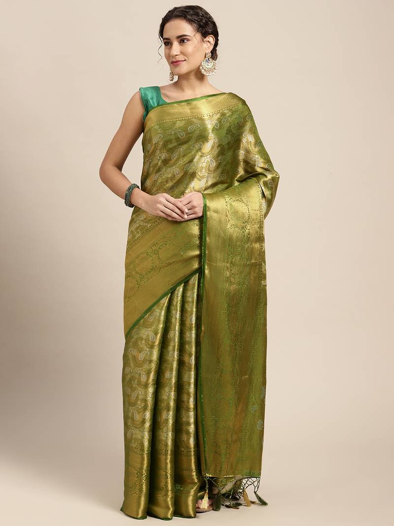 Green woven art silk saree with blouse