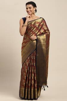 Navy blue woven art silk saree with blouse