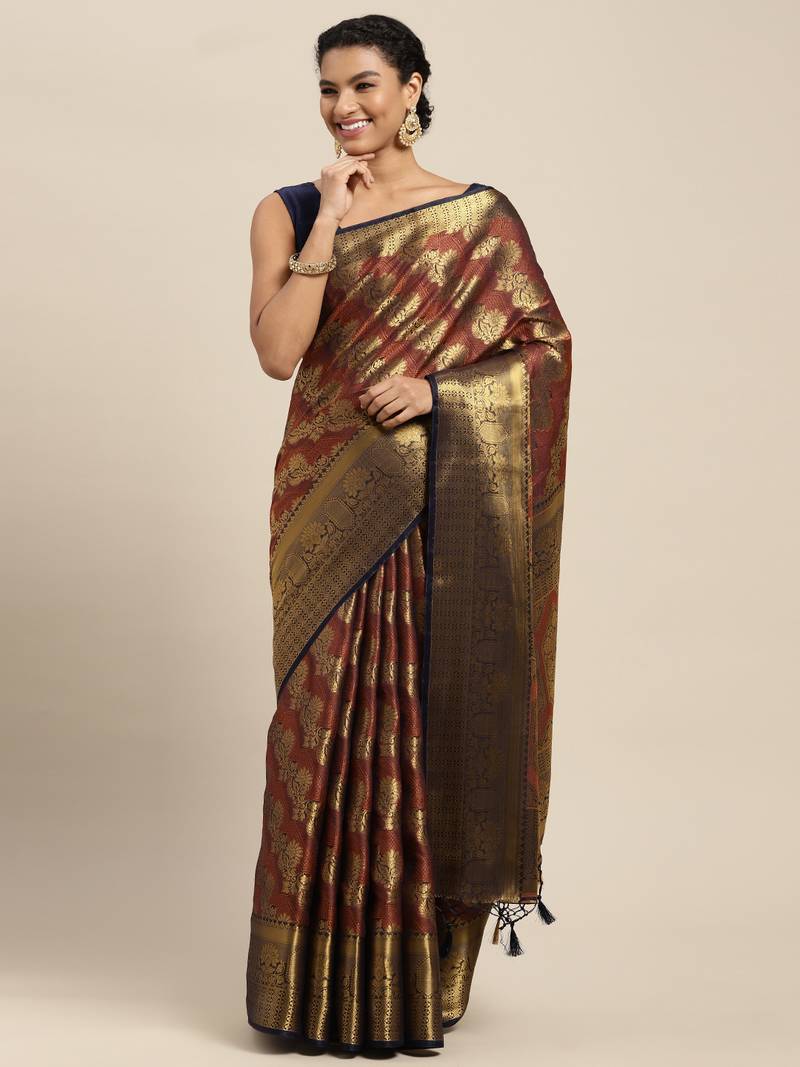 Navy blue woven art silk saree with blouse