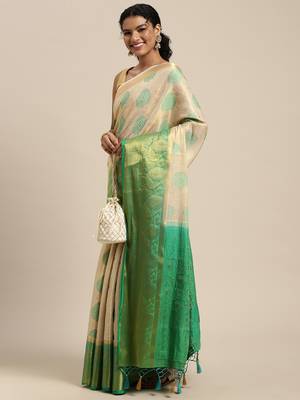 Beige woven art silk saree with blouse 2