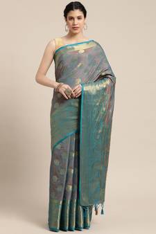 Turquoise woven art silk saree with blouse