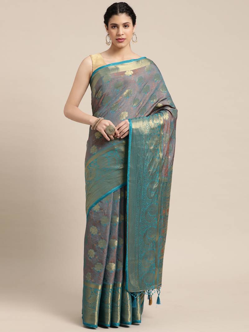 Turquoise woven art silk saree with blouse