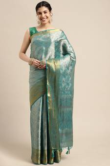 Turquoise woven art silk saree with blouse