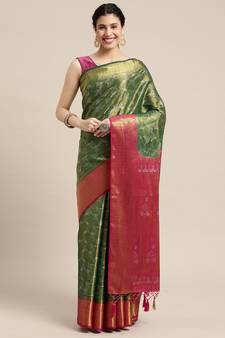 Green woven art silk saree with blouse