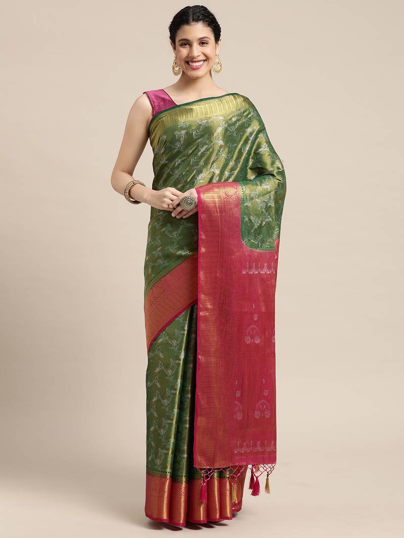 Green woven art silk saree with blouse