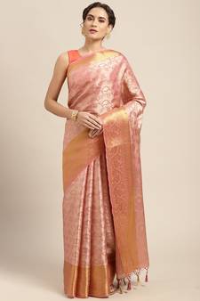 Pink woven art silk saree with blouse