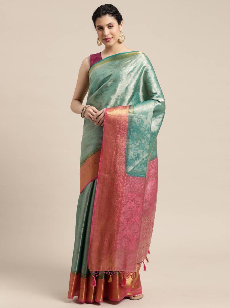 Turquoise woven art silk saree with blouse