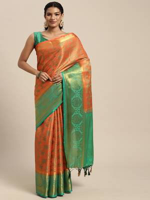 Orange woven art silk saree with blouse 1