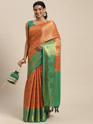 Orange woven art silk saree with blouse 2