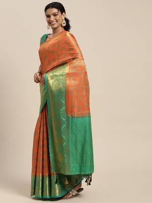 Orange woven art silk saree with blouse 3