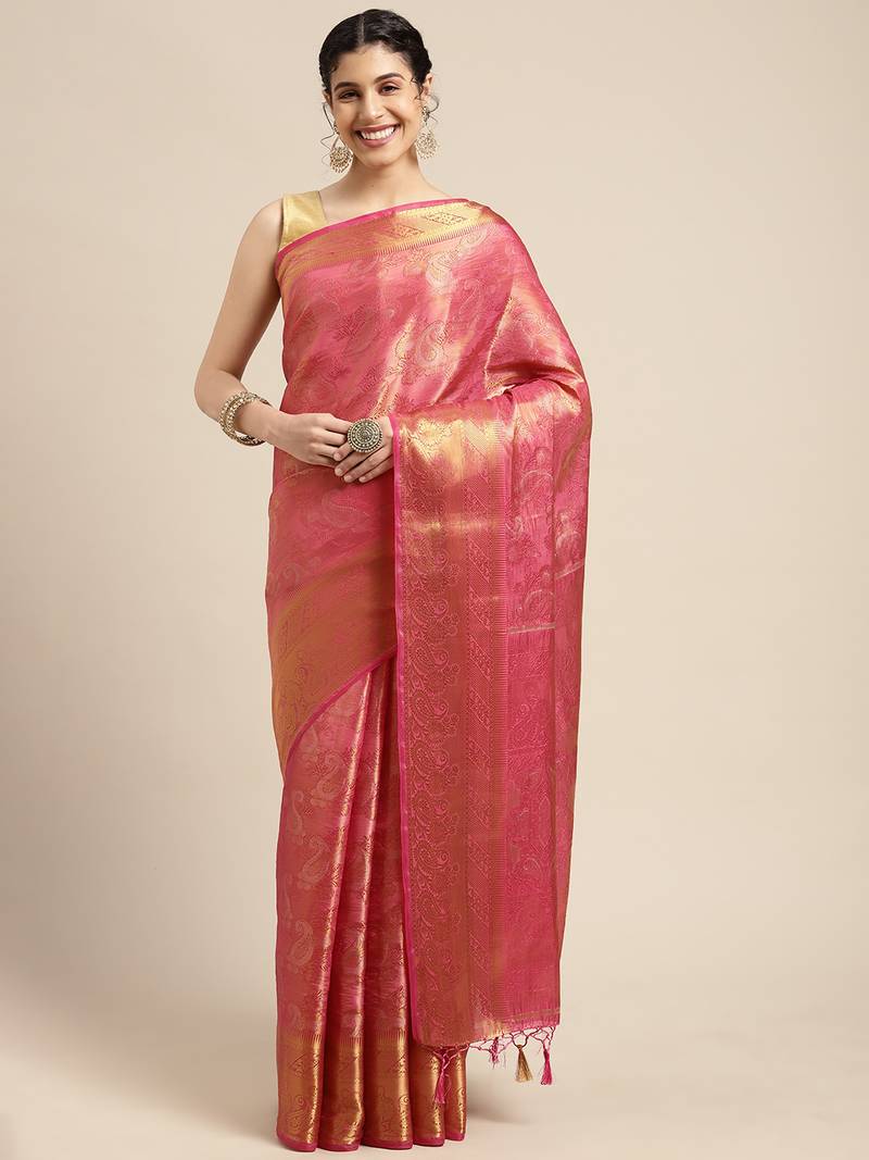 Pink woven art silk saree with blouse