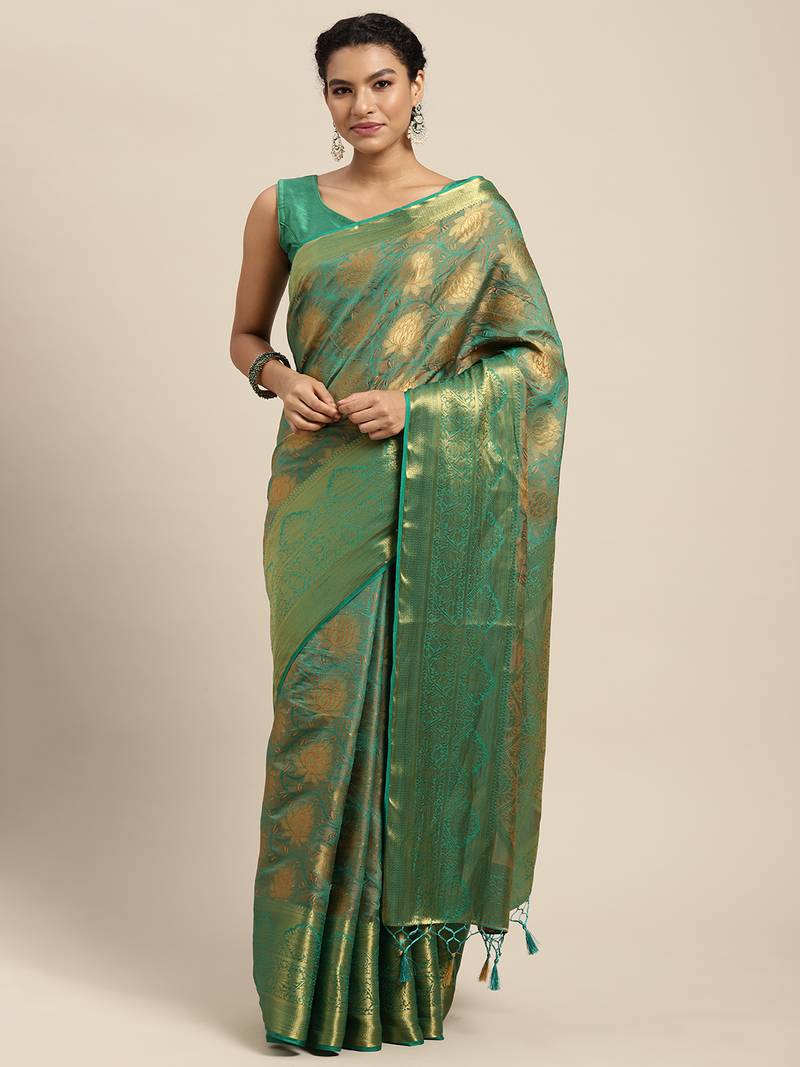 Green woven art silk saree with blouse