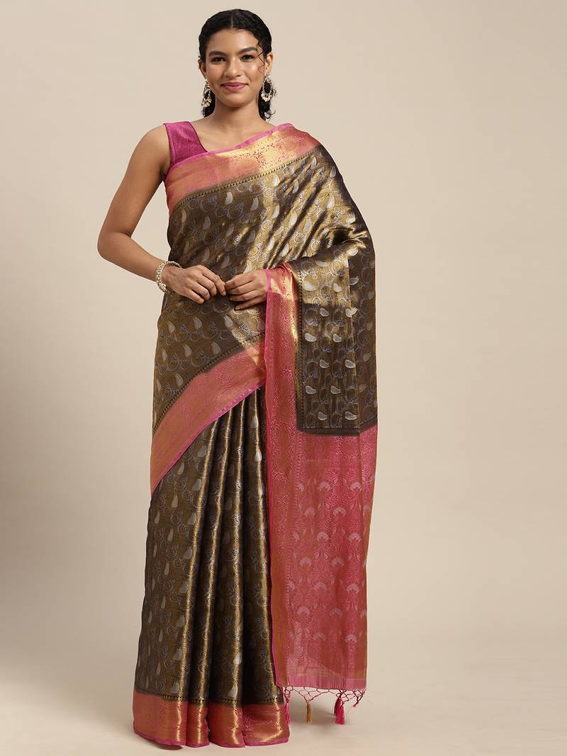 Navy blue woven art silk saree with blouse