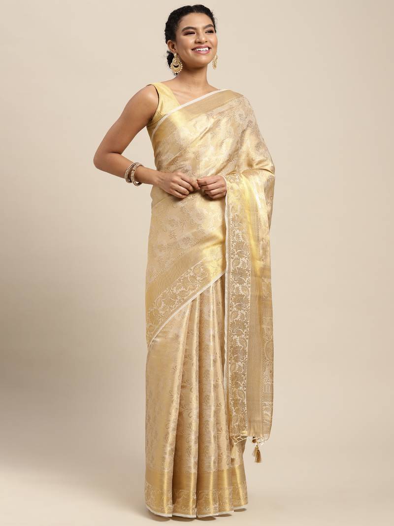 Beige woven art silk saree with blouse