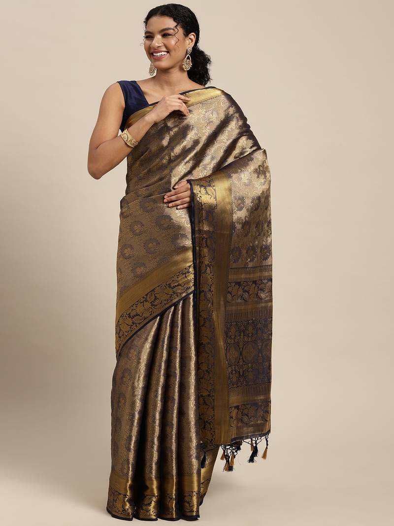 Navy blue woven art silk saree with blouse