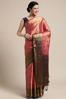 Pink woven art silk saree with blouse