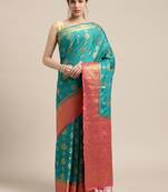 Turquoise woven crepe saree with blouse