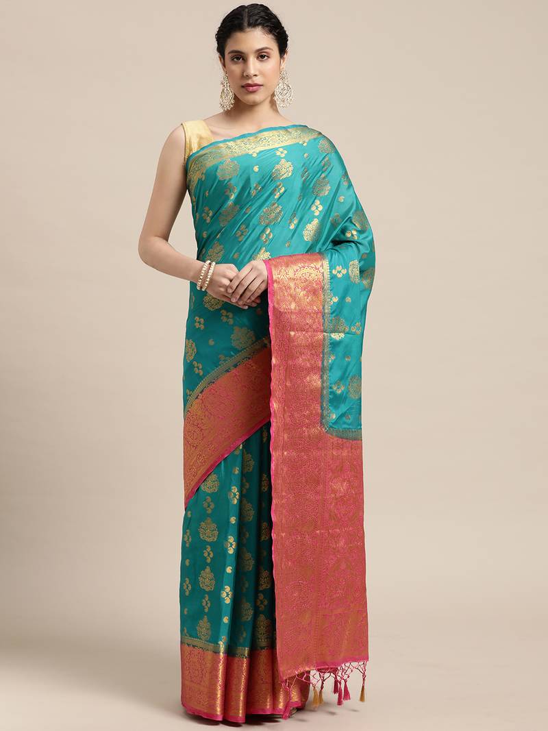 Turquoise woven crepe saree with blouse
