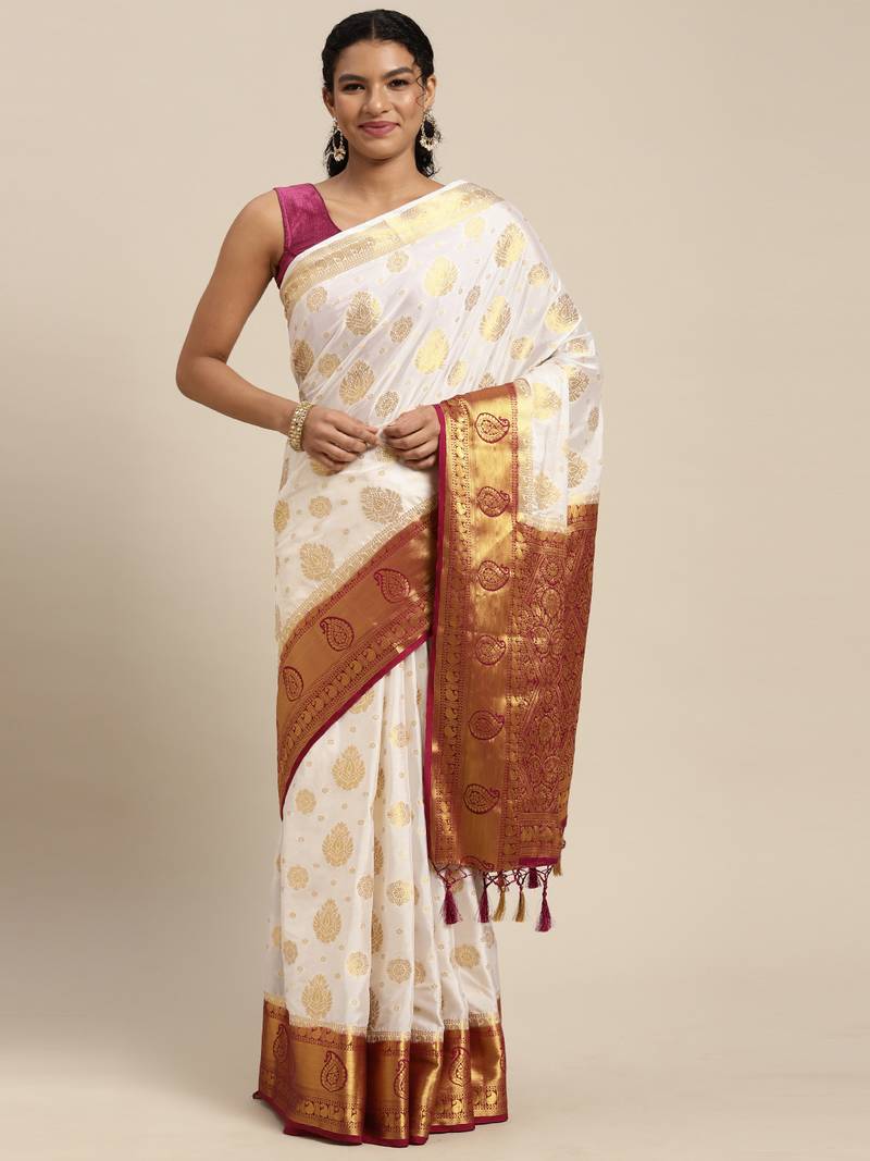 White woven crepe saree with blouse