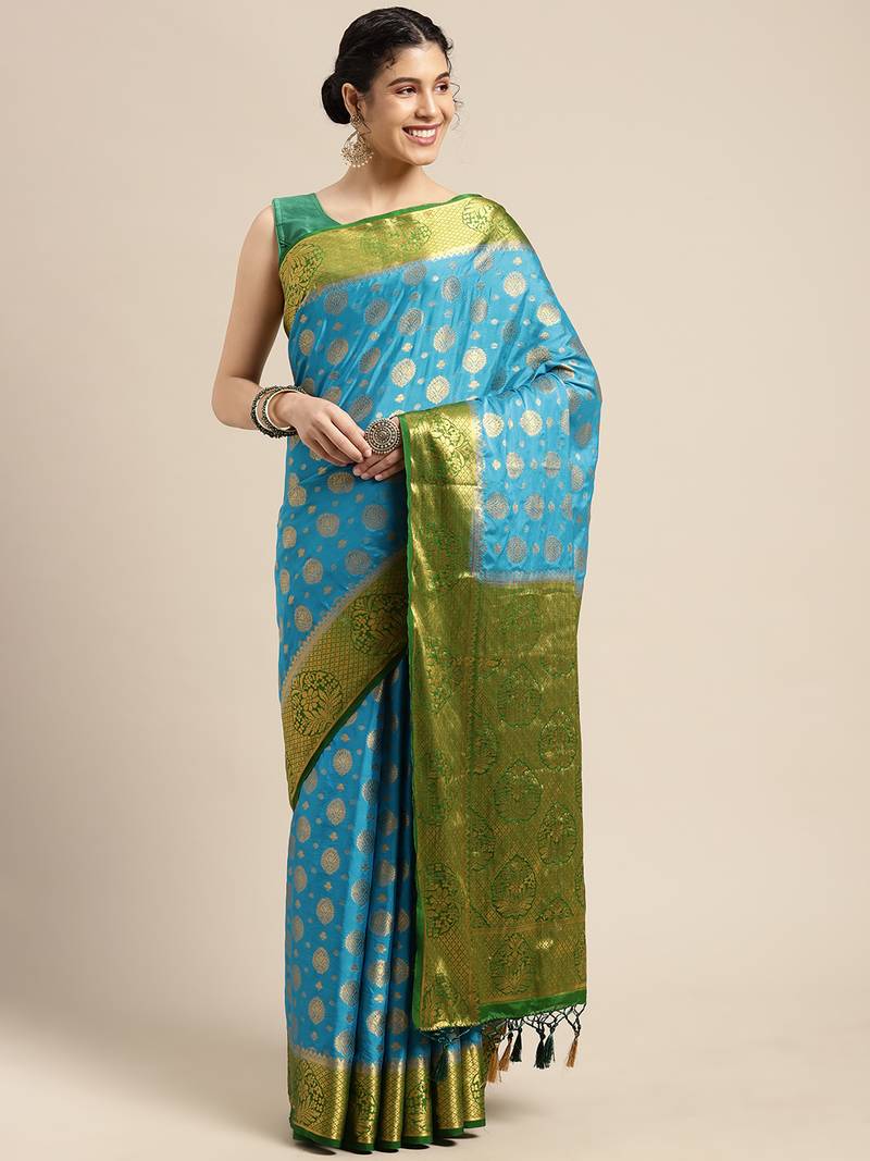 Blue woven crepe saree with blouse