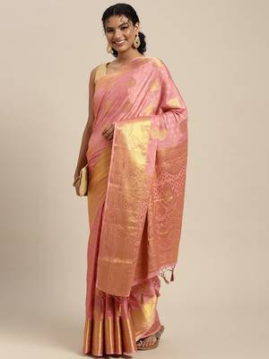 Pink woven crepe saree with blouse 2
