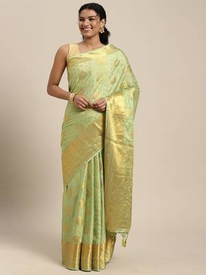 Green woven crepe saree with blouse 1