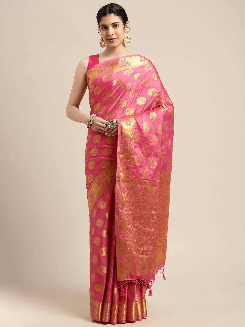 Pink woven crepe saree with blouse