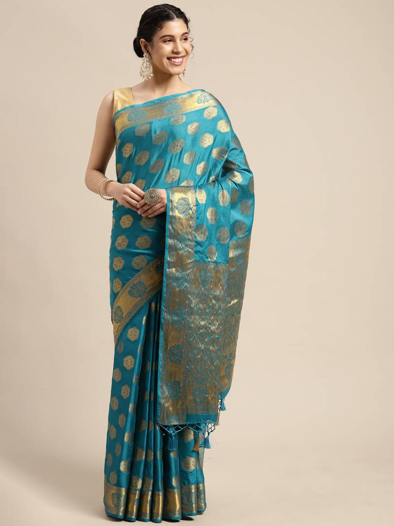 Turquoise woven crepe saree with blouse