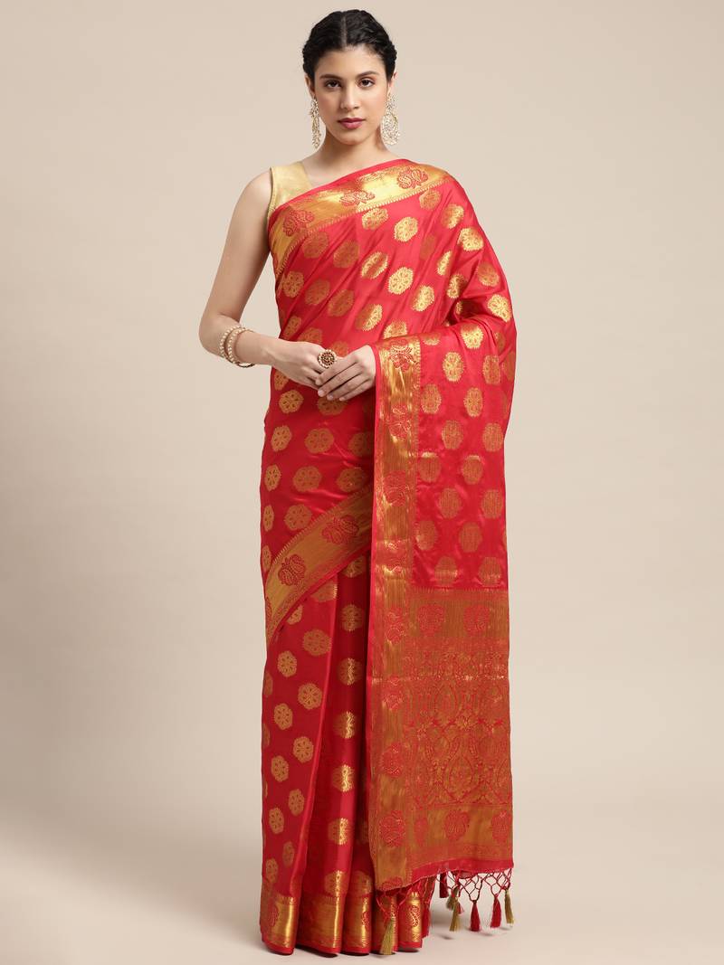 Red woven crepe saree with blouse