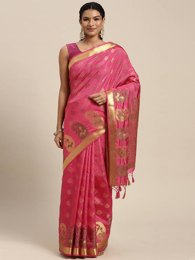 Pink woven art silk saree with blouse