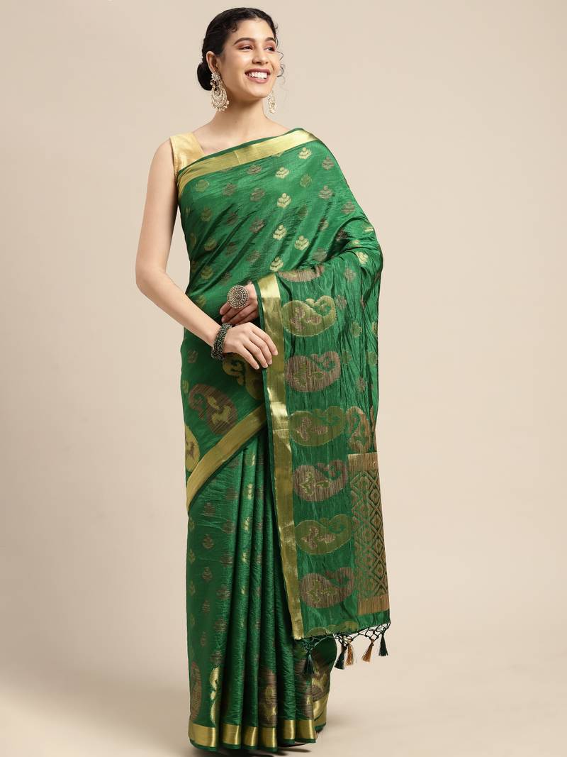 Green woven art silk saree with blouse