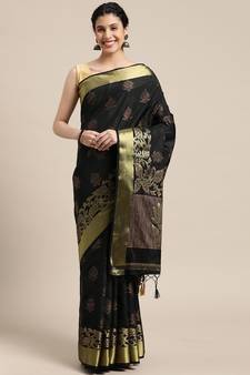 Black woven art silk saree with blouse