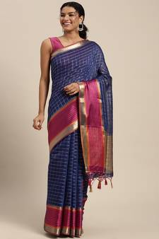Navy blue woven art silk saree with blouse