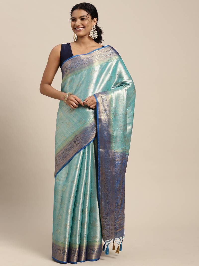 Turquoise woven art silk saree with blouse