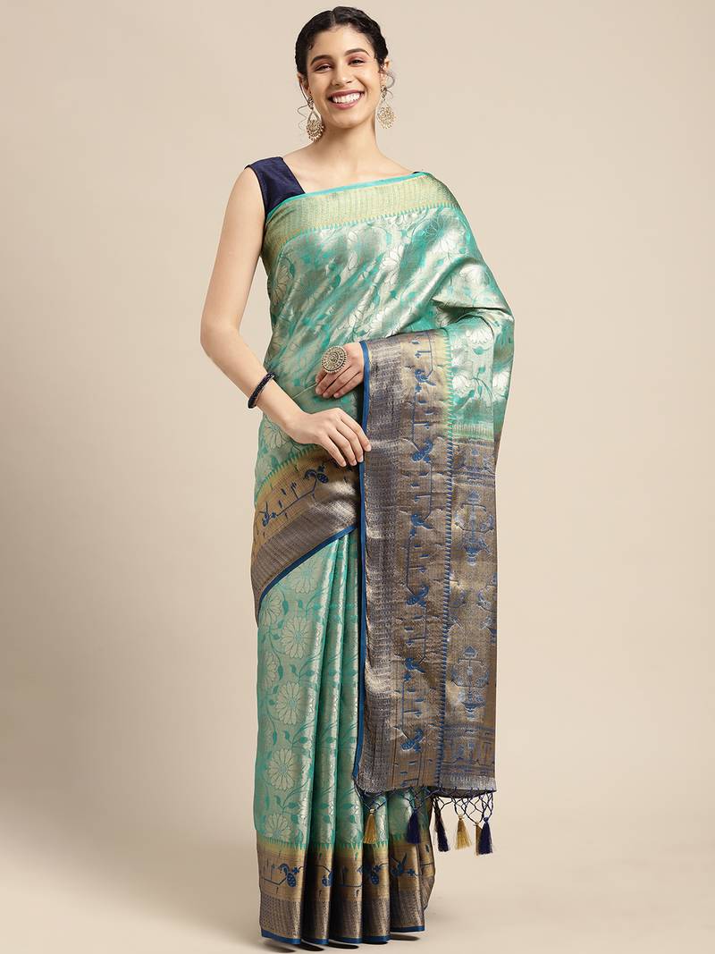 Turquoise woven art silk saree with blouse