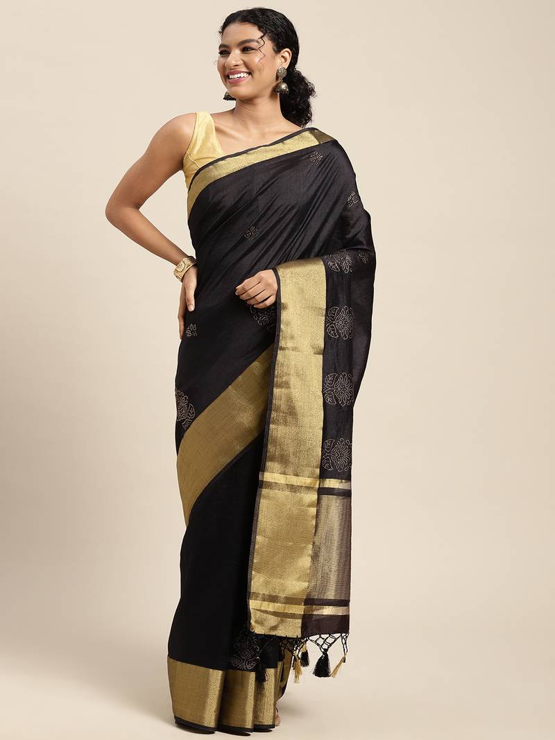 Black woven art silk saree with blouse